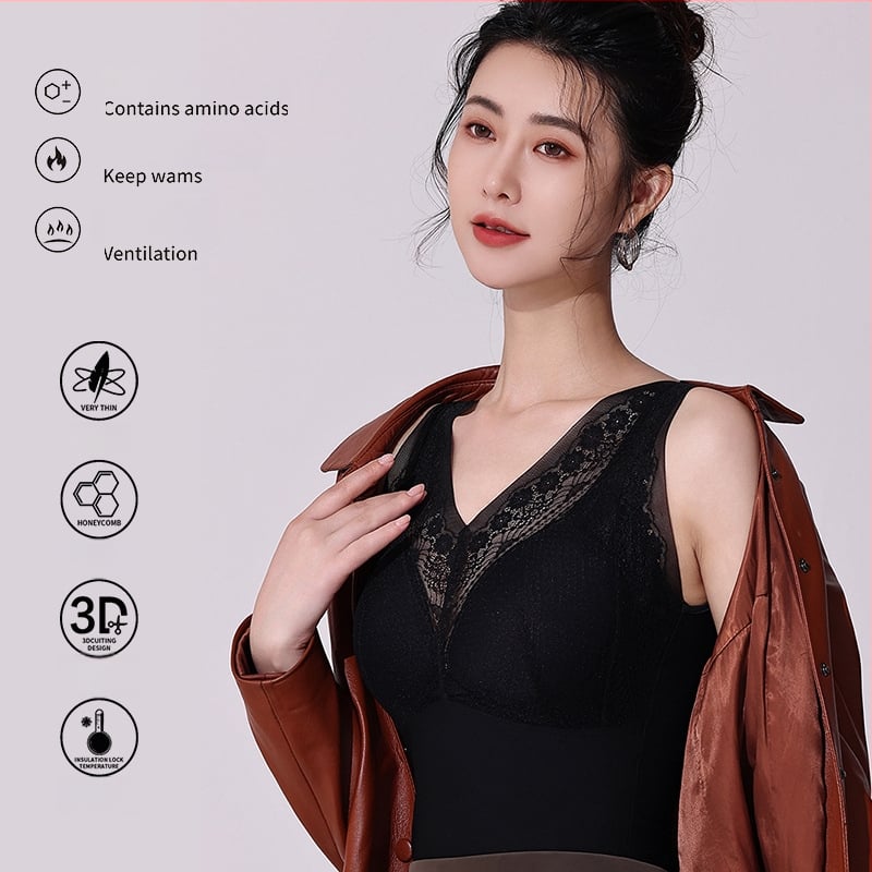 Nailoninė nėrinių termo liemenė su integruotais krūties pagalvėlėmis, dvipusiai šukuota audinys, V formos kaklas, galima dėvėti virš drabužių