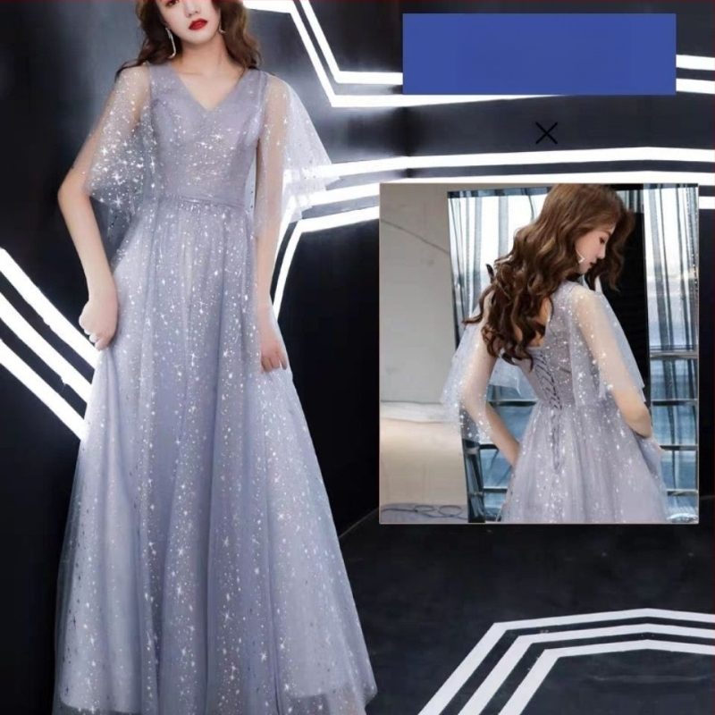 Koszorúslányoknak szóló estélyi ruha, mély V-nyakkal, Feifei ujjakkal, hosszú szoknyával, anyag acetát-poliészter keverék