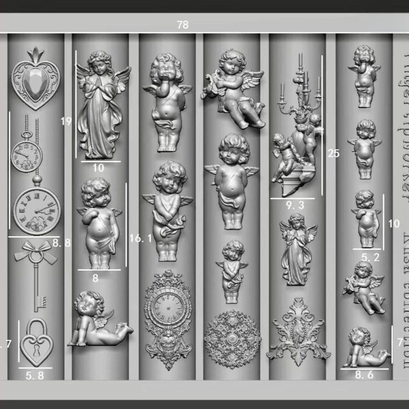 3D nagų formelė su motyvais: Mažasis Angeliukas, kišeninis laikrodis ir Meilės spyna; medžiaga: derva; reljefinis raštas; tinkama įprastam naudojimui