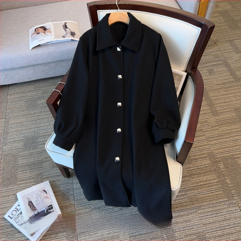 Sieviešu vilnas maisījuma mētelis, rudens–ziemas sezona, garš siluets, 80–100 cm garums, apkakle ar pogām, garas piedurknes, biroja stils