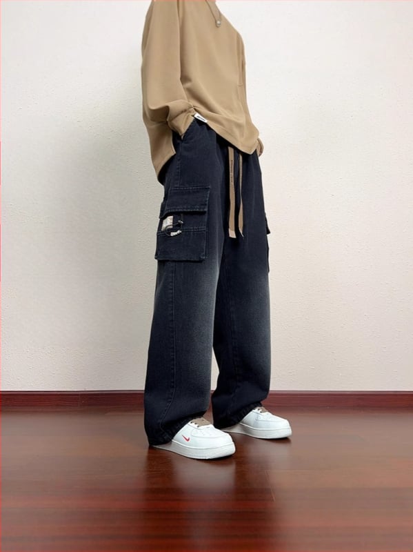 Ανδρικά παντελόνια cargo με ίσια γραμμή, πολλαπλές τσέπες, βαμβακομίγμα, μεσαία μέση, Άνοιξη–Φθινόπωρο