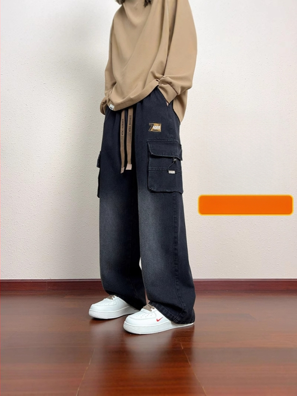 Ανδρικά παντελόνια cargo με ίσια γραμμή, πολλαπλές τσέπες, βαμβακομίγμα, μεσαία μέση, Άνοιξη–Φθινόπωρο