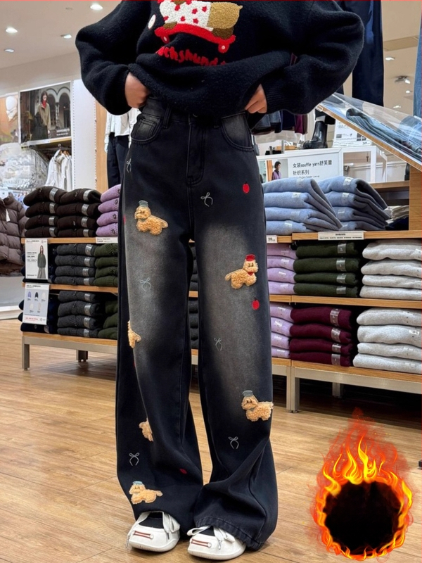 Izšūtas sieviešu džinsi ar platām kājām, augsts viduklis, 70–80% kokvilna, Ziemas 2025