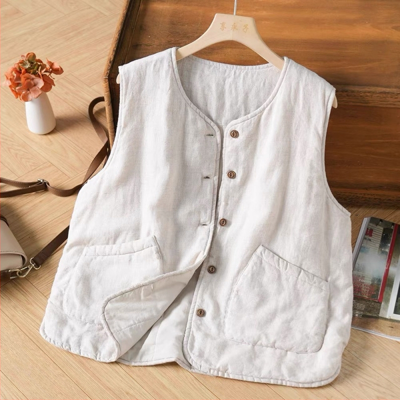 Γυναικείο μακρύ γιλέκο με επένδυση από ακρυλικό ύφασμα, γέμισμα ακρυλικό βαμβάκι, κύριο ύφασμα ≥95%, κούμπωμα: μονή σειρά με πολλαπλές αγκράφες, κολάρο: κρεμάστρα, κομψό αστικό στυλ, χειμώνας 2025