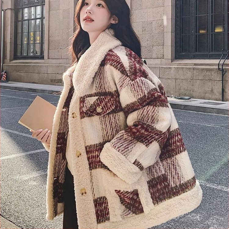 Εξωτερικό ρούχο εγκύου φθινοπωρινό-χειμερινό, συνθετικές ίνες, καρό μοτίβο, κολάρο τύπου Doll, μανίκια 3/4, ρετρό στυλ