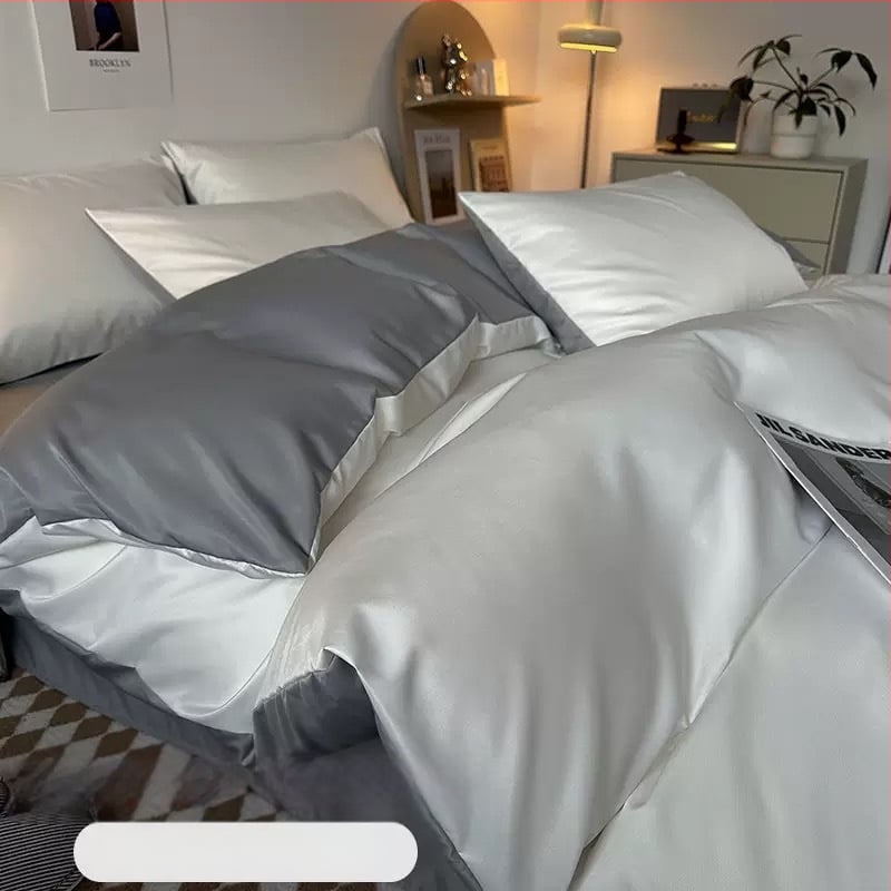Poliesterio Ice Silk keturių dalių patalynės komplektas, įskaitant prigludusį lakštą ir antklodės užvalkalą, reaktyvus dažymas, 800–1000 g, šiuolaikinis minimalistinis stilius