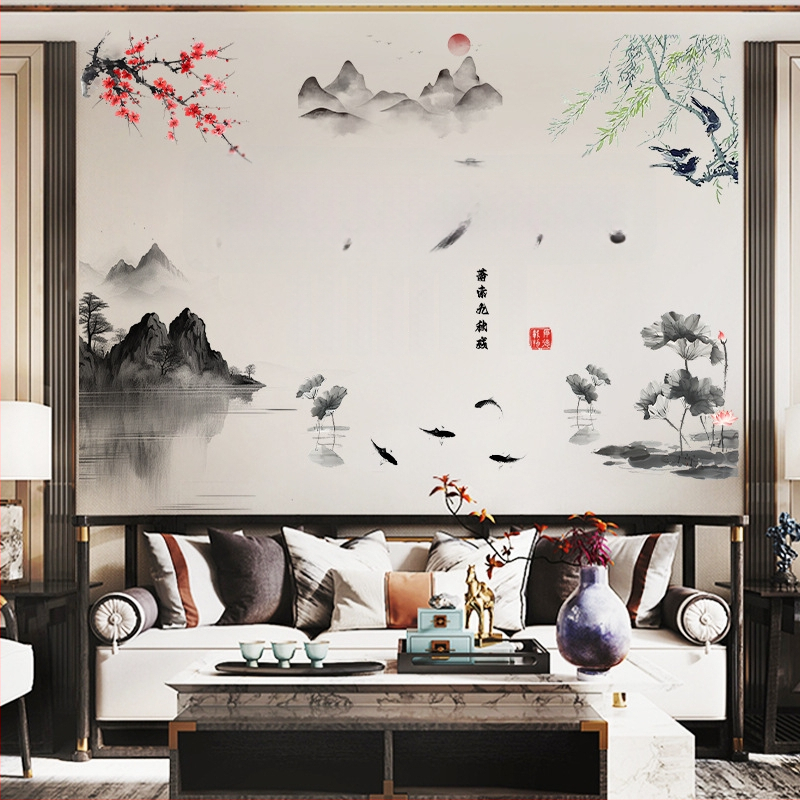 Sienos lipdukas Kinų stiliaus su tintos peizažu ir augalų motyvais, PVC, 1 vnt, atsparus vandeniui, tinkamas svetainei, darbo kambariui, restoranui ar įėjimui