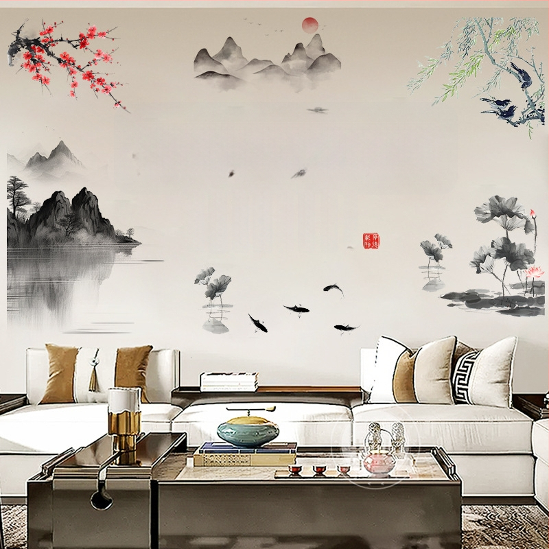 Sienos lipdukas Kinų stiliaus su tintos peizažu ir augalų motyvais, PVC, 1 vnt, atsparus vandeniui, tinkamas svetainei, darbo kambariui, restoranui ar įėjimui