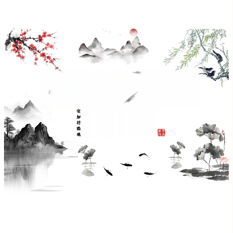 Sienos lipdukas Kinų stiliaus su tintos peizažu ir augalų motyvais, PVC, 1 vnt, atsparus vandeniui, tinkamas svetainei, darbo kambariui, restoranui ar įėjimui
