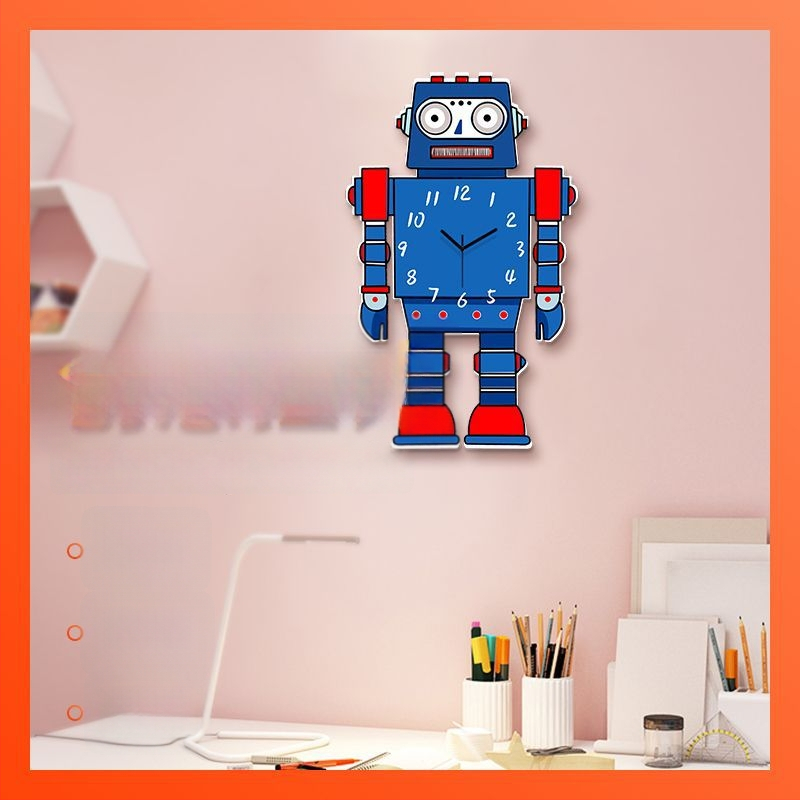 Ceas de perete; stil desen animat; față analogă cu cifre; carcasă din lemn; mișcare cuarț (alimentat cu baterie)