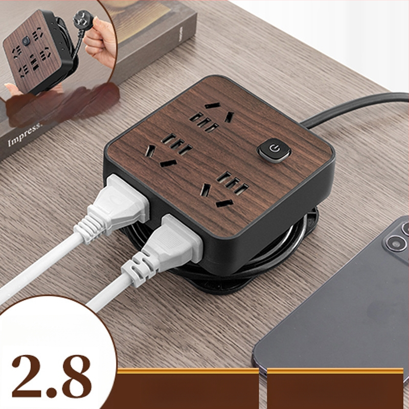 Fa textúrájú otthoni használatra szolgáló többaljzat oldalsó dugóval, 10A, 100–250V, ABS ház, réz vezetők, 3C tanúsítvány