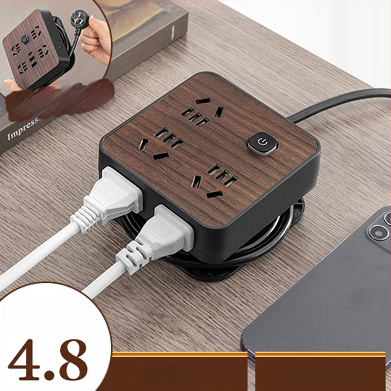 Fa textúrájú otthoni használatra szolgáló többaljzat oldalsó dugóval, 10A, 100–250V, ABS ház, réz vezetők, 3C tanúsítvány