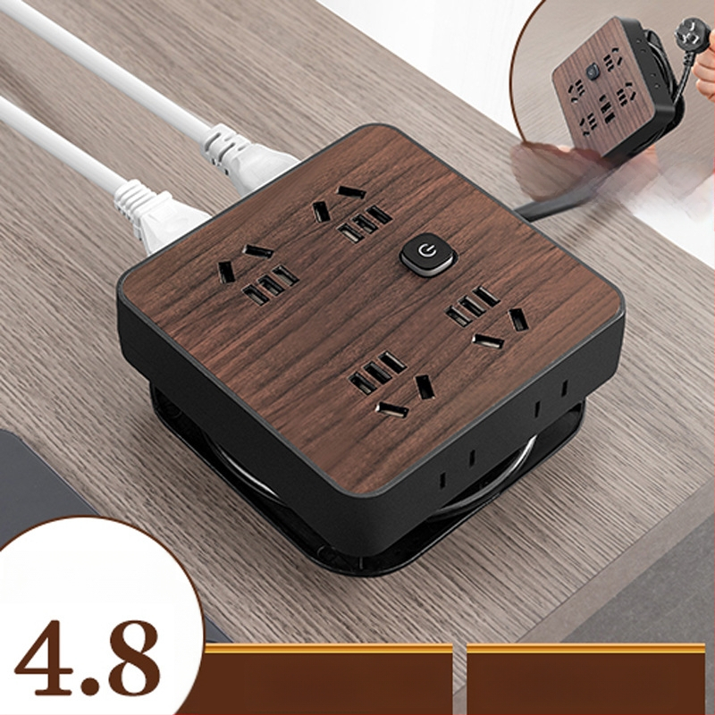 Fa textúrájú otthoni használatra szolgáló többaljzat oldalsó dugóval, 10A, 100–250V, ABS ház, réz vezetők, 3C tanúsítvány