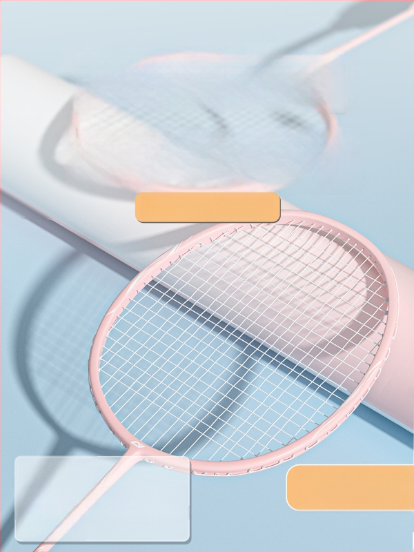 Badmintono raketė – anglies pluošto korpusas, svoris 75–79 g, tiesus kotas, rankenos storis G-4, vidutinė kietumas, logotipo spauda įmanoma