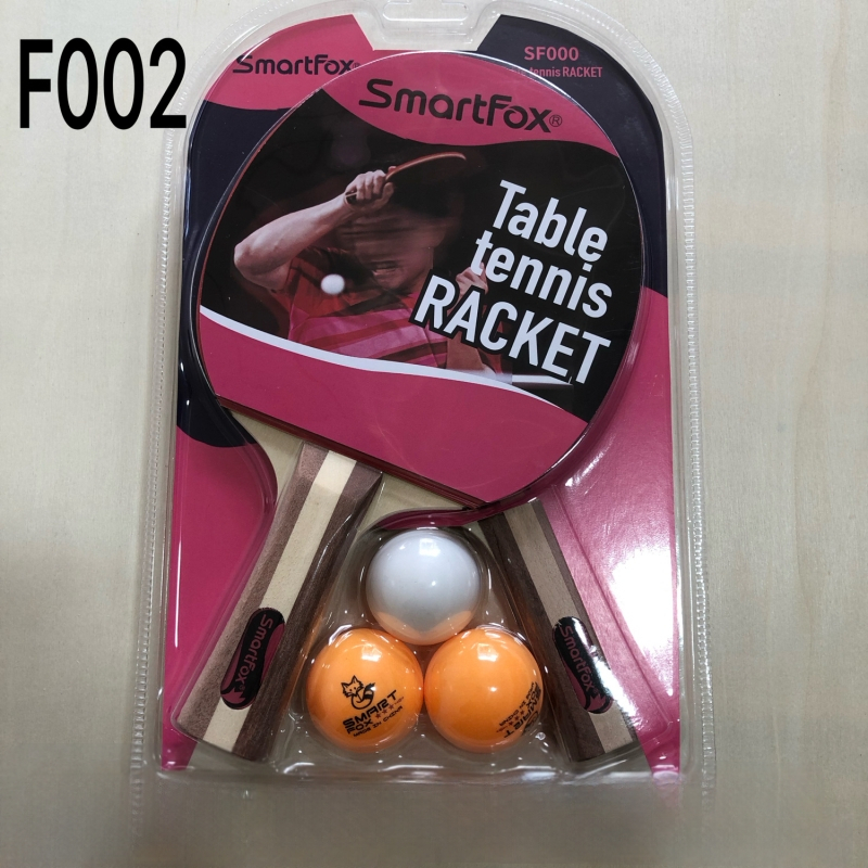 Pradedančiųjų stalo teniso raketės komplektas – dvi raketės ir trys kamuoliukai; Fox, liepų plokštė, guma su tiesioginiais klijais, horizontali raketė, modelis F002