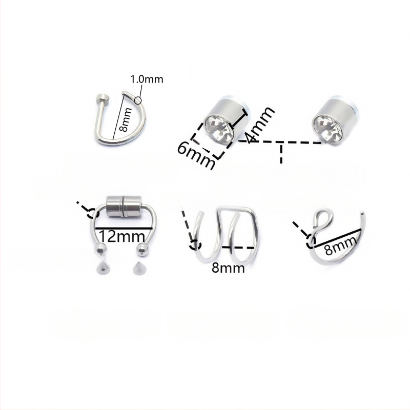 Неръждаема стомана магнитна носна щипка, D-образен носен пирон, перфорирана носна халка, магнитна ушна щипка – 18-частен комплект бижута за ръчна изработка, унисекс, електроплатинг