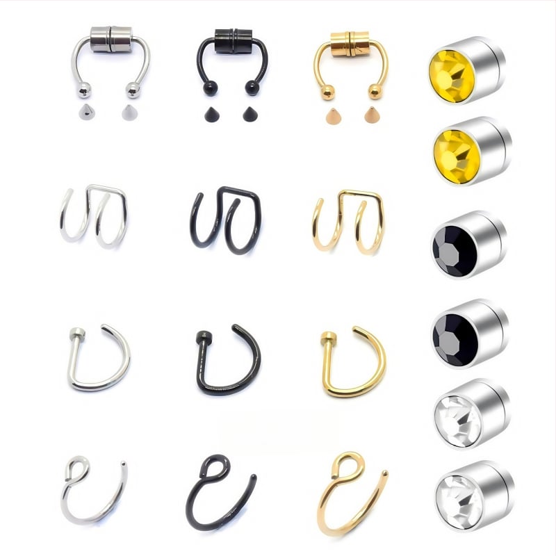 Неръждаема стомана магнитна носна щипка, D-образен носен пирон, перфорирана носна халка, магнитна ушна щипка – 18-частен комплект бижута за ръчна изработка, унисекс, електроплатинг