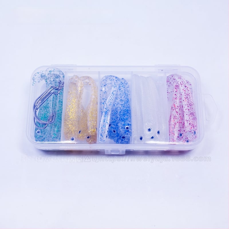 Minkštų masalų rinkinys su šaukšto formos uodega, švytintis tamsoje, tinkamas jūrinei ir gėlavandeninei basa žvejybai