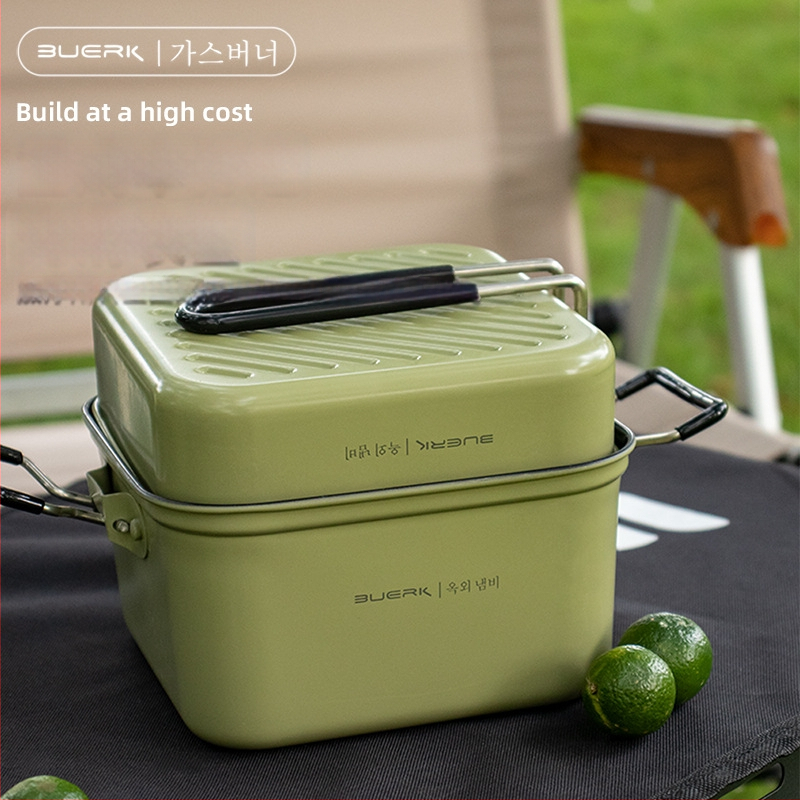 BUERK BG-D01 Комплект съдове за къмпинг от неръждаема стомана – сгъваем квадратен съд и тиган, 0.43 кг, за 2 човека