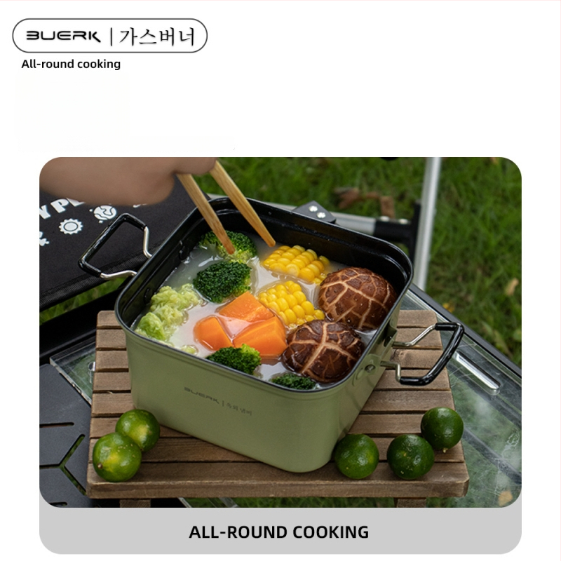 BUERK BG-D01 Комплект съдове за къмпинг от неръждаема стомана – сгъваем квадратен съд и тиган, 0.43 кг, за 2 човека