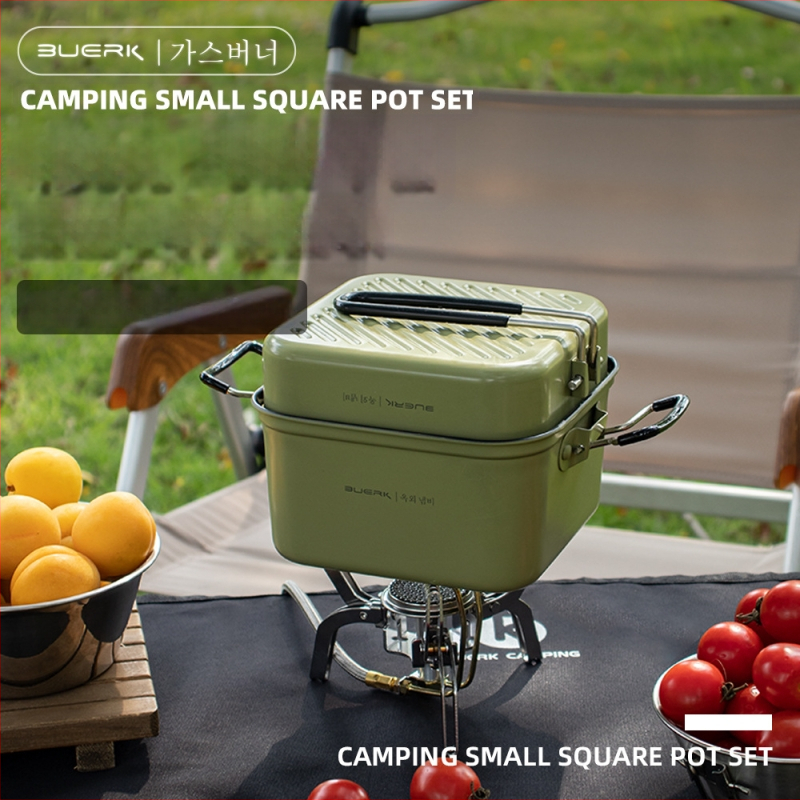 BUERK BG-D01 Комплект съдове за къмпинг от неръждаема стомана – сгъваем квадратен съд и тиган, 0.43 кг, за 2 човека