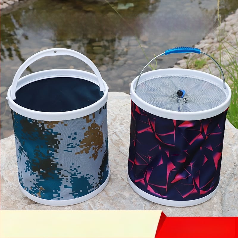 Išorinio žvejybos kibiro didelės talpos, iš plastiko, sulankstomas, su tinkle ir virve, kompaktiškai nešiojamas automobiliui, skirtas gyvoms žuvims pervežti