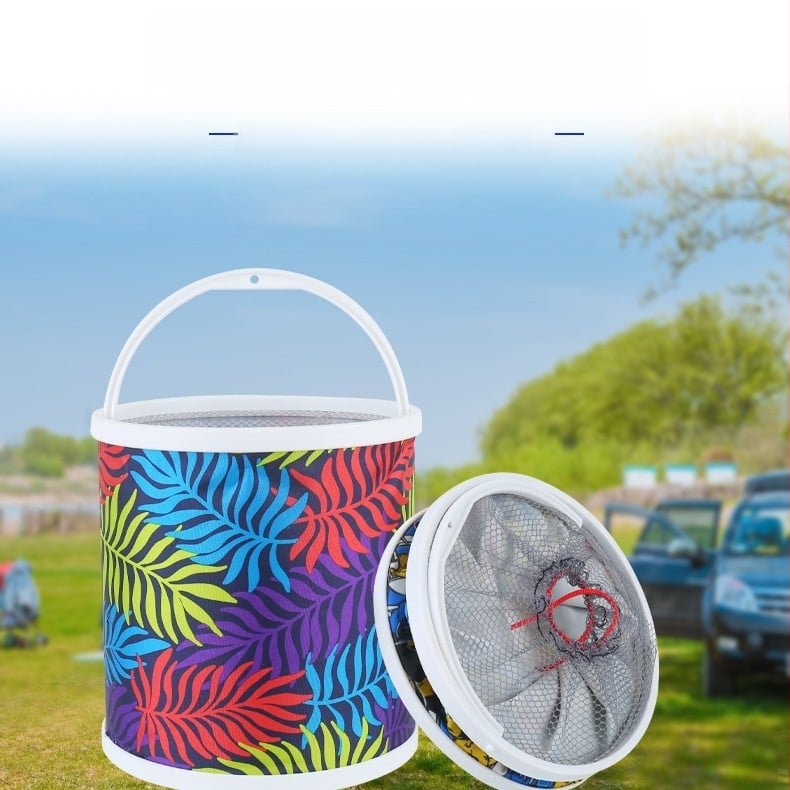 Sulankstomas vandens kibiras žvejybai su virve ir prieššuolio tinklu