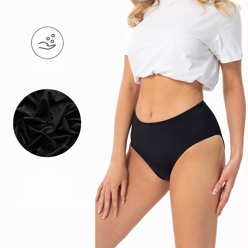 Menstrualne plivaće hlače s trostrukom zaštitom od propuštanja, srednje visokim strukom, najlon 88%, podstava prepona 100% poliester; fiziološke hlače za mlade žene