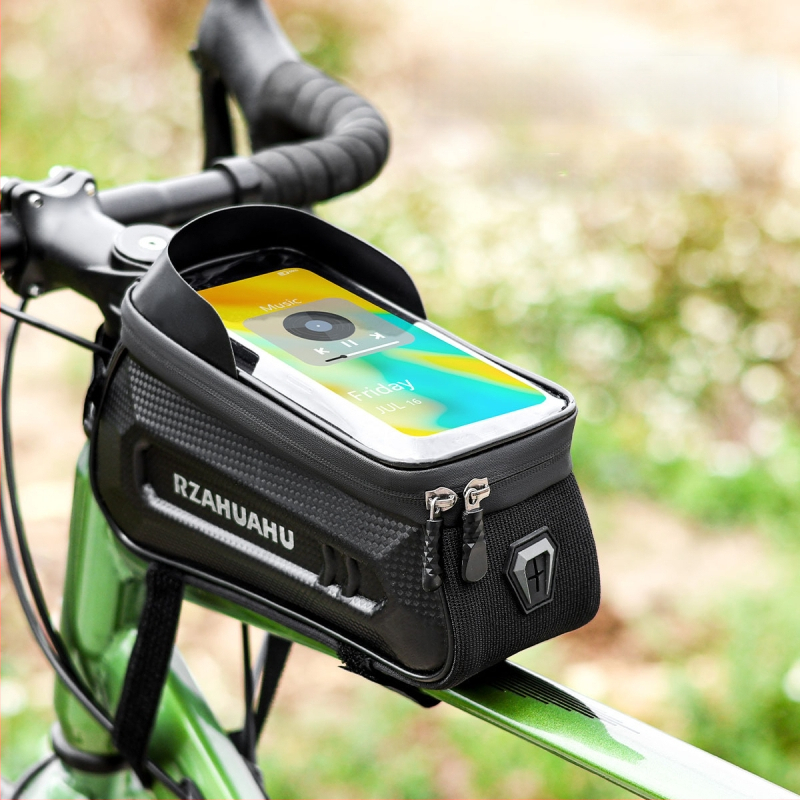 Dviratininko viršutinės vamzdelio krepšys su tvirtu korpusu – PU oda, 1,5 L talpa, modelis 30120108/072, prekės ženklas RZAHUAHU, laikymo su jutikliniu ekranu funkcija