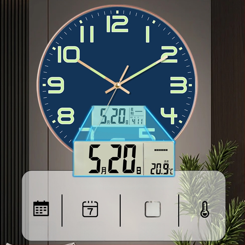 Ceas de perete luminos cu calendar perpetuu, afișaj săptămână și lună, termometru, mișcare cu sweep de secunde TS-01