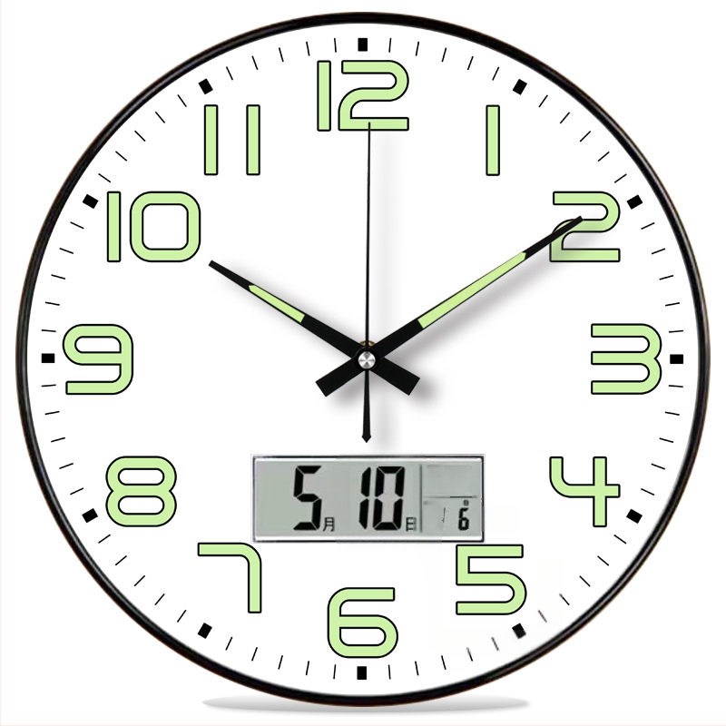 Ceas de perete luminos cu calendar perpetuu, afișaj săptămână și lună, termometru, mișcare cu sweep de secunde TS-01