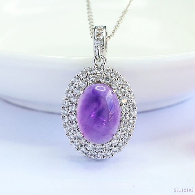 Μενταγιόν από αμέθυστο, χωρίς πλευρικούς λίθους, χάλκός με επικάλυψη ασημί, στυλ ήπιας πολυτελείας