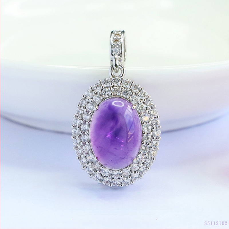 Μενταγιόν από αμέθυστο, χωρίς πλευρικούς λίθους, χάλκός με επικάλυψη ασημί, στυλ ήπιας πολυτελείας