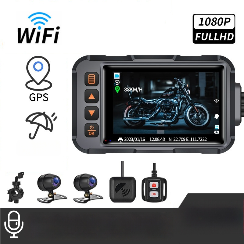 Motociklo vaizdo registratorius 1080P GPS, atsparus vandeniui, Wi-Fi, 120° matymo kampas