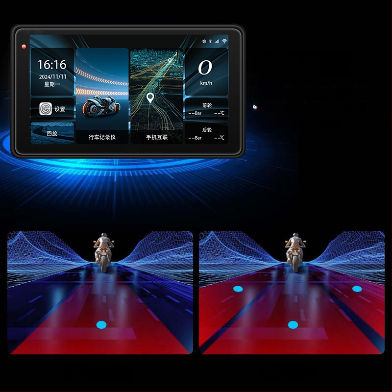 Motociklo DVR su CarPlay ir ekrano projekcija, 150° kampas, 3MP jutiklis, TF kortelė iki 128GB, prie vairo tvirtinimas, 12V