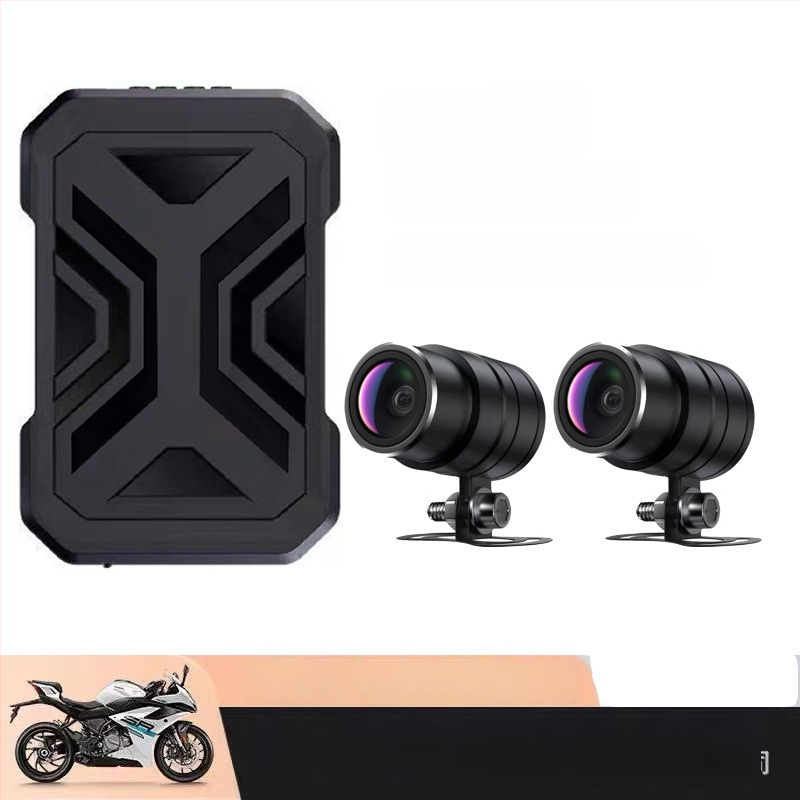 Motociklo priekinių ir galinių dash cam, 1080p dvigubas įrašas, 140° matymo kampas, palaiko microSD iki 128GB, DC 12–72V