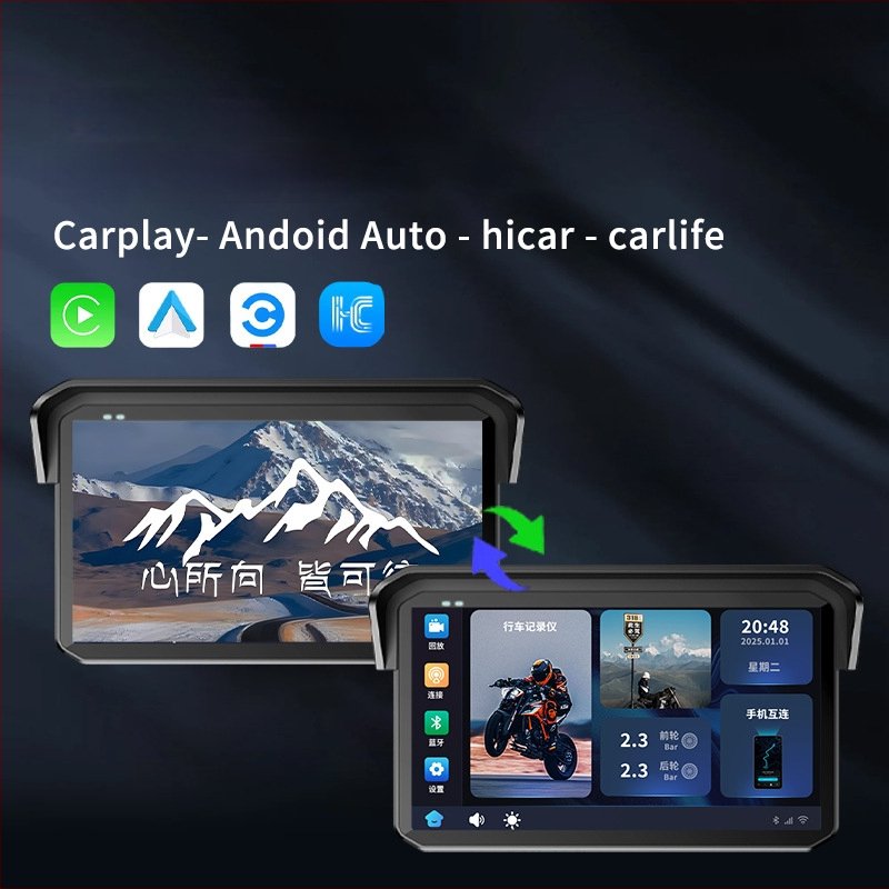 Motociklo ekrano projekcijos navigacijos įrašymo įrenginys su priekinėmis ir galinėmis dvigubomis kameromis, IP68 atsparus vandeniui, padangų slėgio stebėjimas, TF kortelė iki 64GB