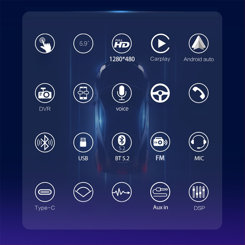 Belaidė CarPlay, Android Auto, FM radijas, Bluetooth MP5 grotuvas, 12V DC maitinimas