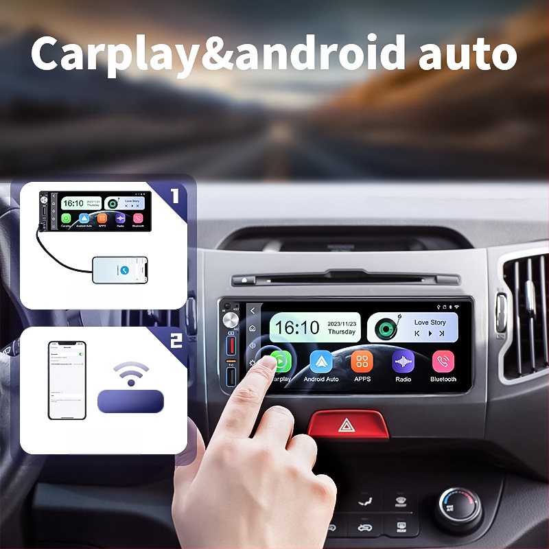 TH-68001 MP5 automobilių multimedijos įrenginys su HD galinio vaizdo vaizdu, CarPlay ir Android Auto, USB greito įkrovimo, SD kortelės palaikymas, 1 metų garantija