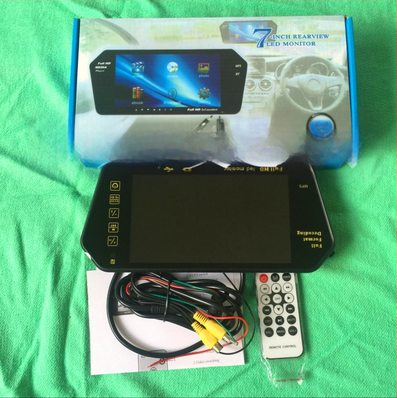 Automobilio galinio vaizdo veidrodžio ekranas su LCD, maitinimas 12–24V DC, SD kortelės palaikymas, vaizdo formatai MP4/FLV ir kt., garso formatų MP3/WAV/APE/FLAC