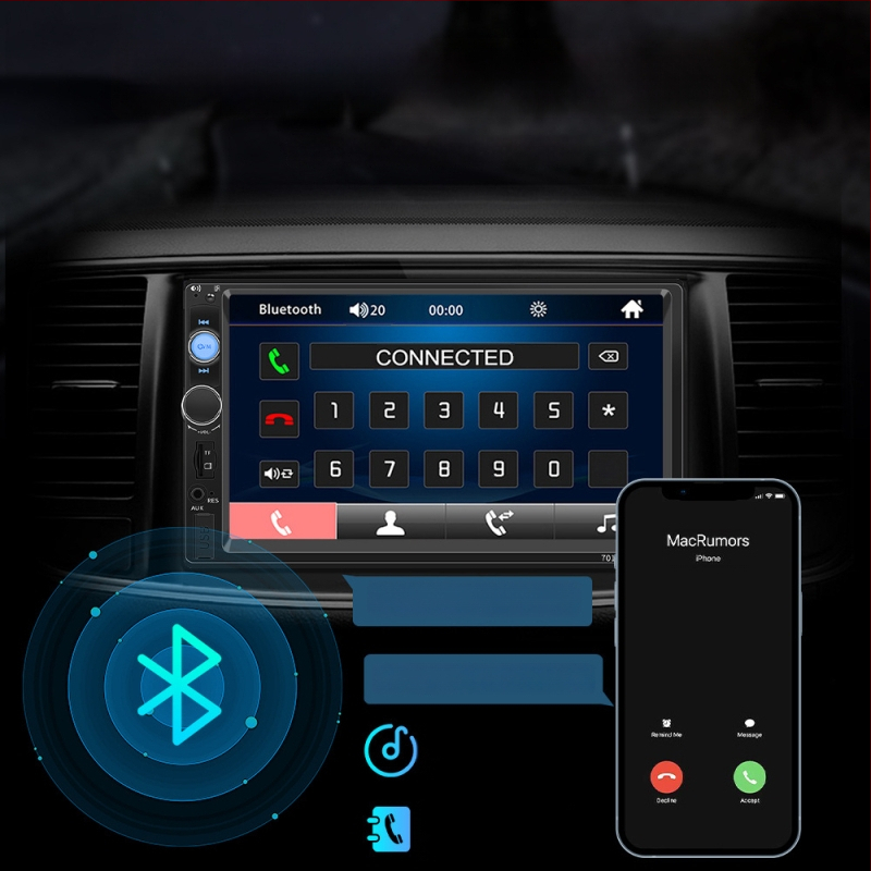 7 colių OLED automobilinis MP5 grotuvė su CarPlay, Bluetooth ir atbulinės eigos vaizdu, maitinimas 12-24V DC