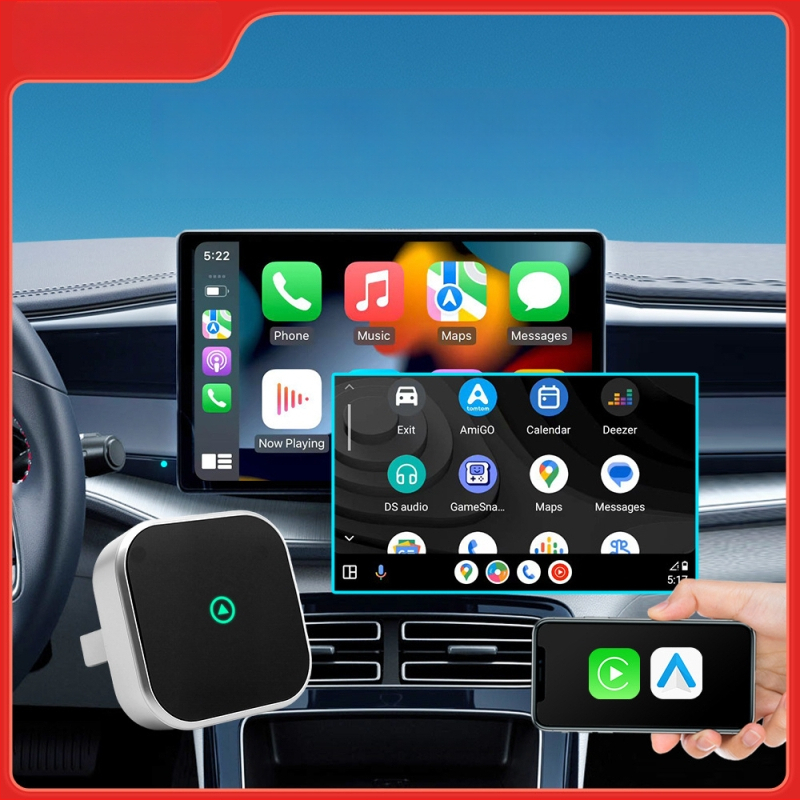 Dvikanalė belaidė CarPlay + Android Auto dėžutė su USB-C, 5V 3-5W, T tipo horizontali jungtis