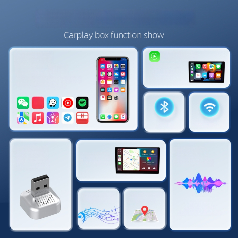 Dvikanalė belaidė CarPlay + Android Auto dėžutė su USB-C, 5V 3-5W, T tipo horizontali jungtis