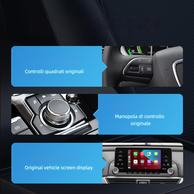 Dvikanalė belaidė CarPlay + Android Auto dėžutė su USB-C, 5V 3-5W, T tipo horizontali jungtis