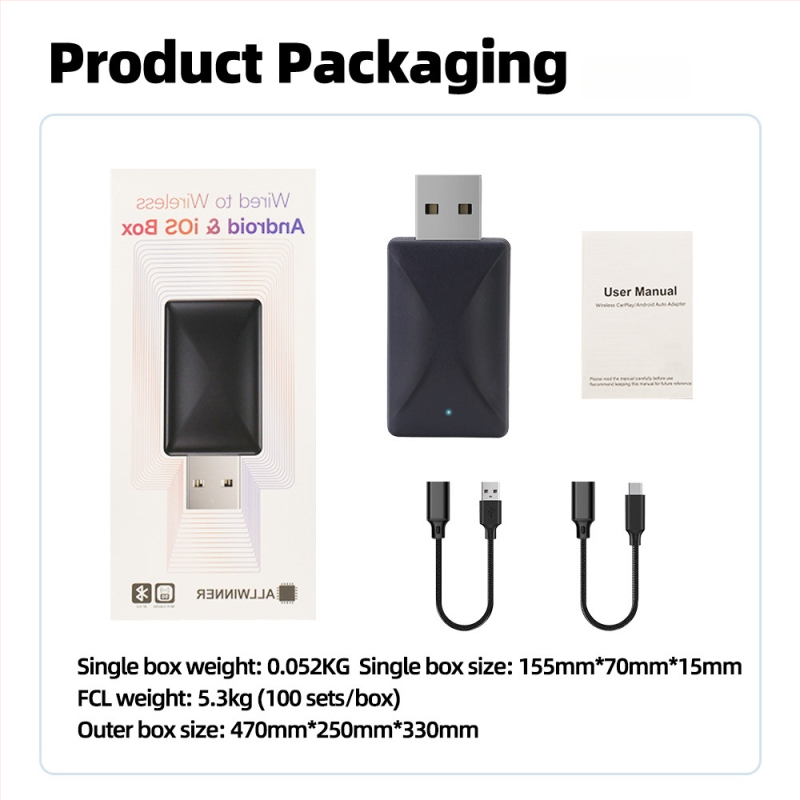 CarPlay belaidis adapteris su Android Auto, 2-in-1 plug-and-play, 5V įvestis, 3–5W galia, plastikas+PCB, svoris 0,1 kg