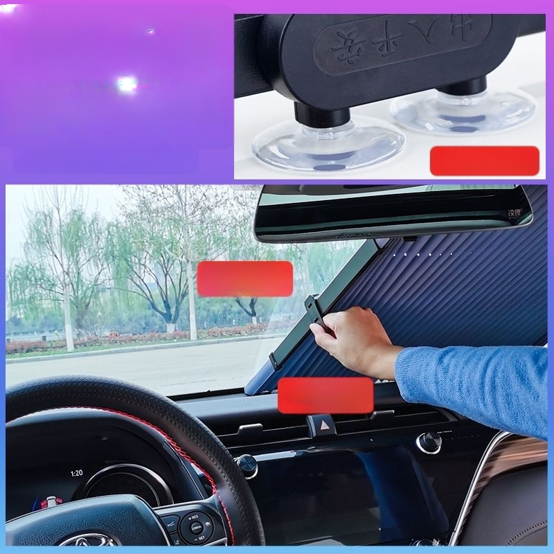 Automobilio priekinė saulės skydelio užuola, ištraukiama, aliuminio folijos šilumos izoliacijai, tvirtinimas siurbtukais, suderinama su konkrečiais transporto priemonėmis