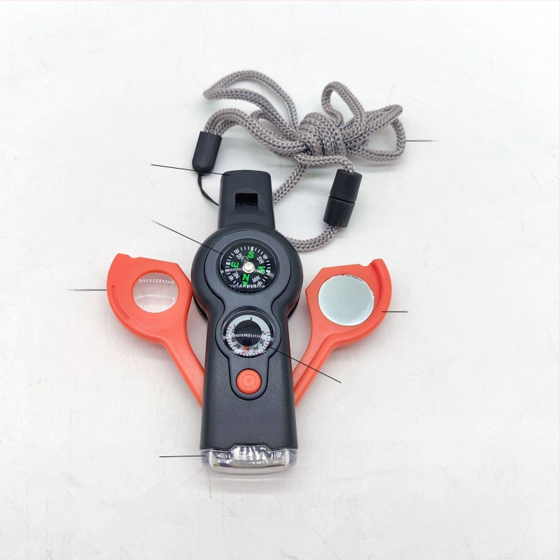 Túlélő eszköz LED-fénnyel, iránytűvel, sípolóval és hőmérővel (7 az 1-ben)