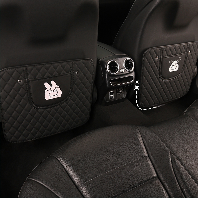 Autóülés hátsó támla anti-kick párna, hímzett nyuszis és kutyás mintával, univerzális, egész éves használatra, PU anyag, szivacs töltet