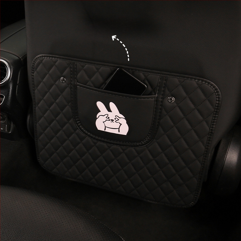 Autóülés hátsó támla anti-kick párna, hímzett nyuszis és kutyás mintával, univerzális, egész éves használatra, PU anyag, szivacs töltet