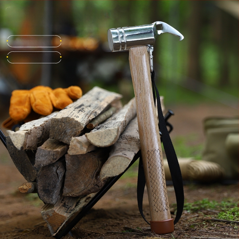 Kültéri többfunkciós acélkalapács, fából készült nyéllel, kempinghez és sátrakhoz, beépített szegkihúzóval